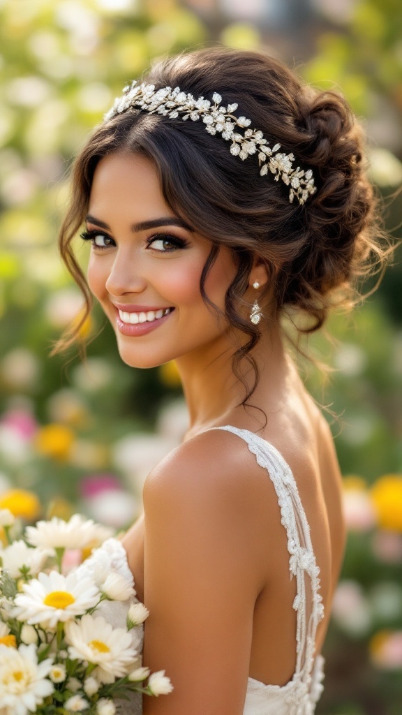 A bridesmaid with soft curls wearing a beautiful headband, smiling and holding a bouquet of daisies.