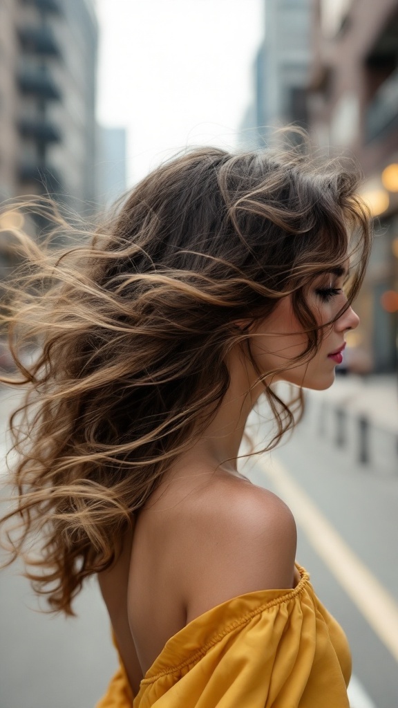A woman with soft curly layers in medium hair, showcasing movement outdoors.