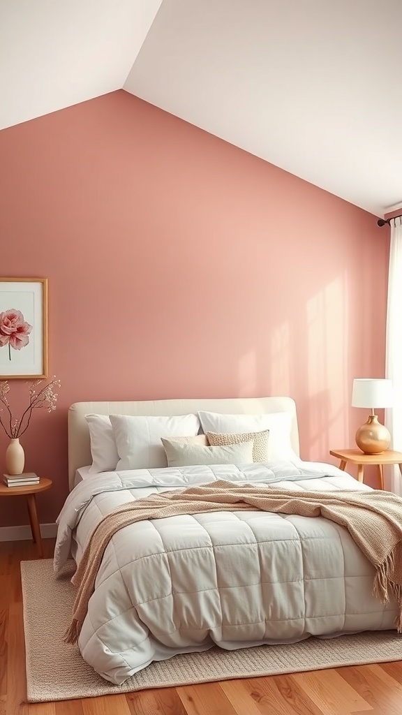 A bedroom with a soft dusty rose accent wall, light bedding, and wooden furniture.