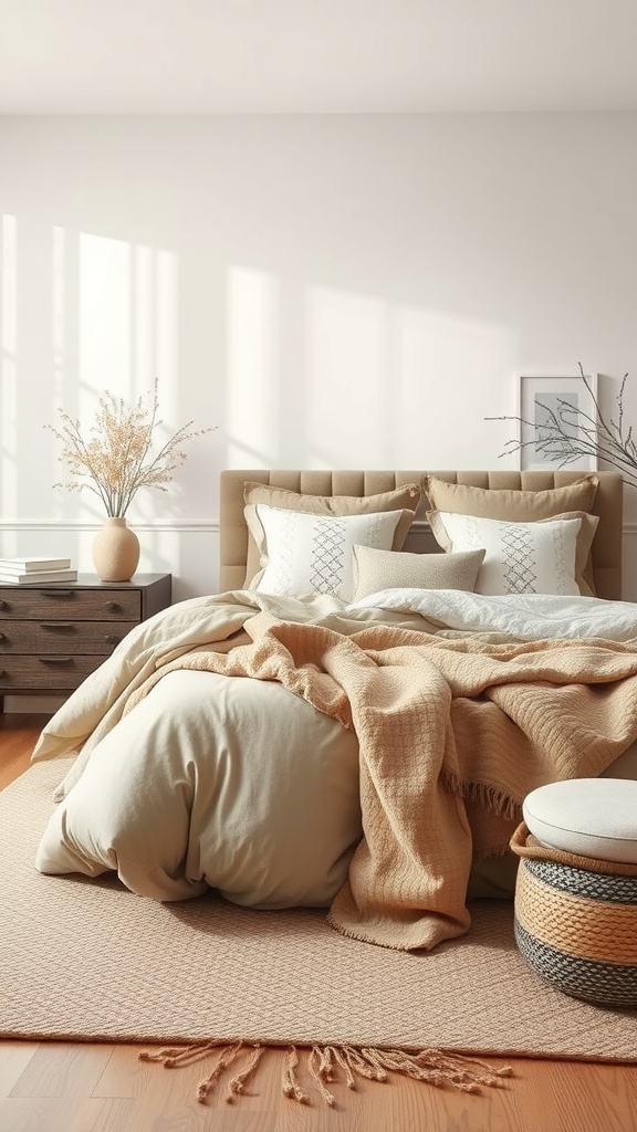 A cozy bedroom featuring soft earth tones and textures, with a comfortable bed, cushions, natural elements, and warm wooden flooring.