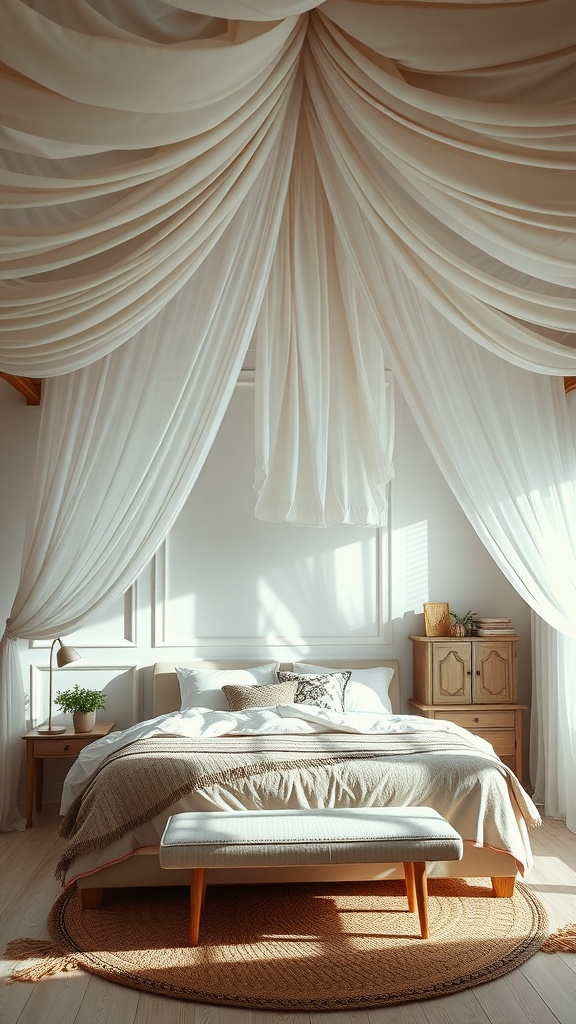 A bedroom with soft fabric draping on the ceiling, creating a cozy atmosphere.