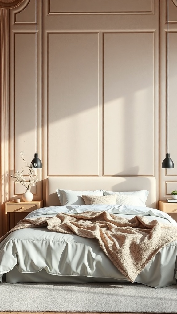 A cozy bedroom featuring soft fabric wall panels, a neatly made bed with a textured blanket, and stylish pendant lights.