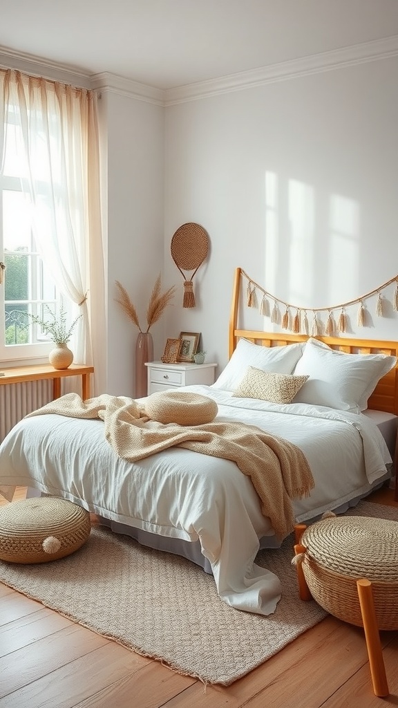 A cozy boho bedroom featuring soft fabrics, a warm color palette, and natural materials.