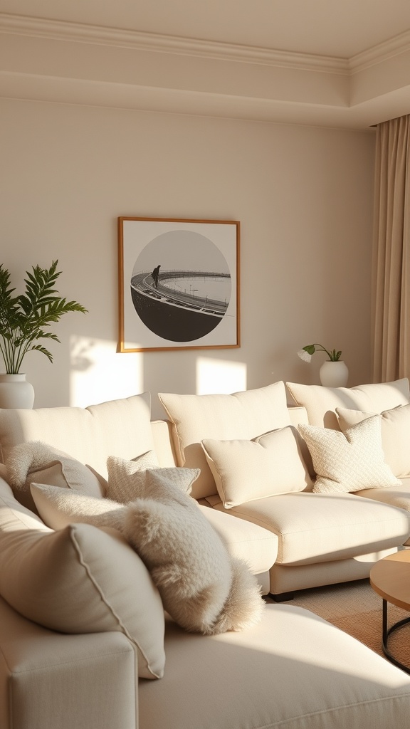A cozy beige living room with a comfortable sofa and soft pillows.