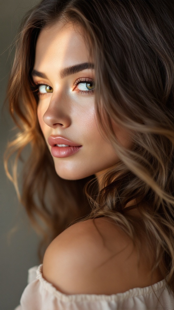 Woman with medium brown hair featuring soft face-framing highlights, looking at the camera.