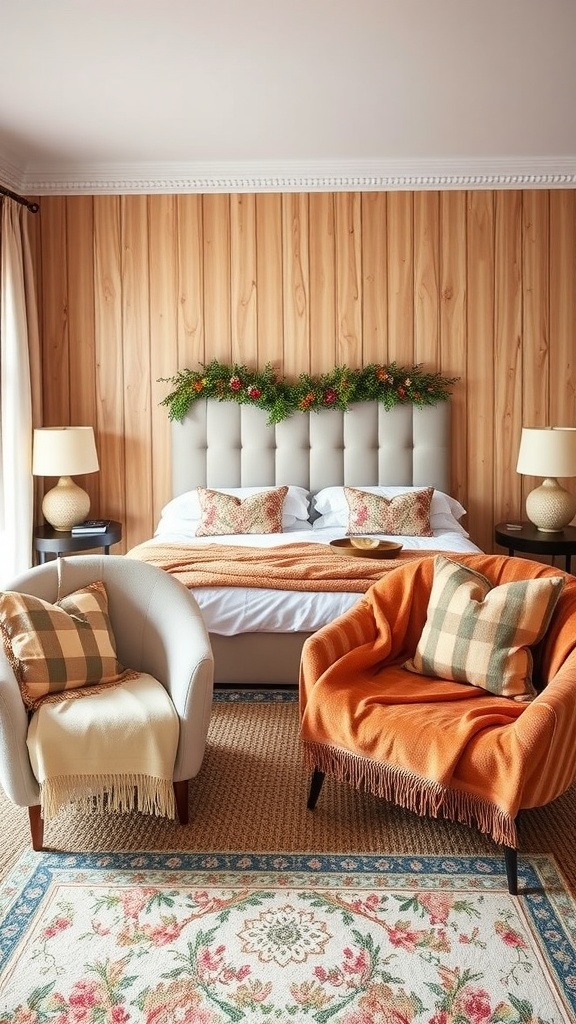 A cozy bedroom with floral throw blankets and warm colors.