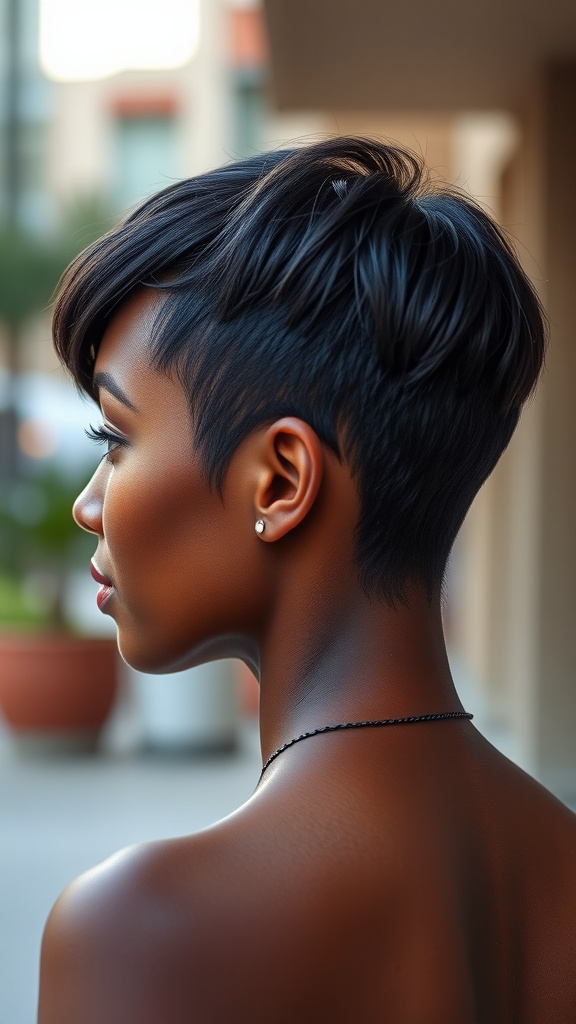 A black woman with a soft fringe hairstyle, showcasing short, sleek hair.
