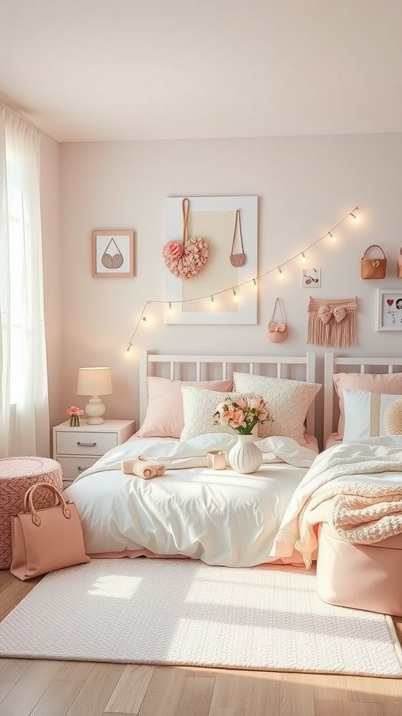 A cozy soft girl bedroom featuring pastel colors, string lights, and cute accessories.