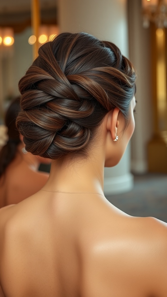 A soft glam updo hairstyle with intricate twists, viewed from the back.