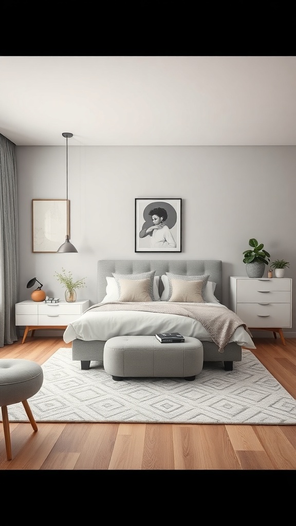 Modern bedroom with soft gray accents, featuring a plush bed, decorative pillows, and natural wood elements.
