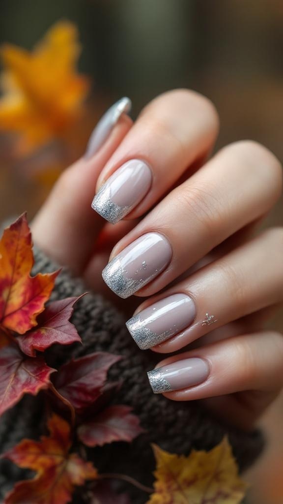 Nails with soft gray tips and silver foil, complemented by delicate rings.