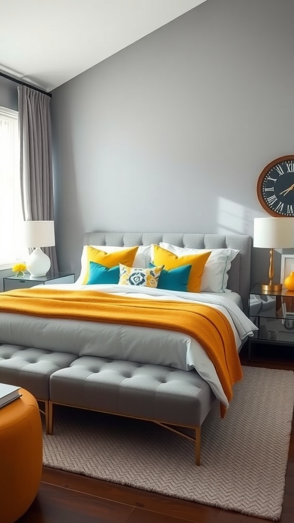 A stylish gray bedroom featuring a gray bed with orange and blue accents, a tufted bench, and modern lamps.