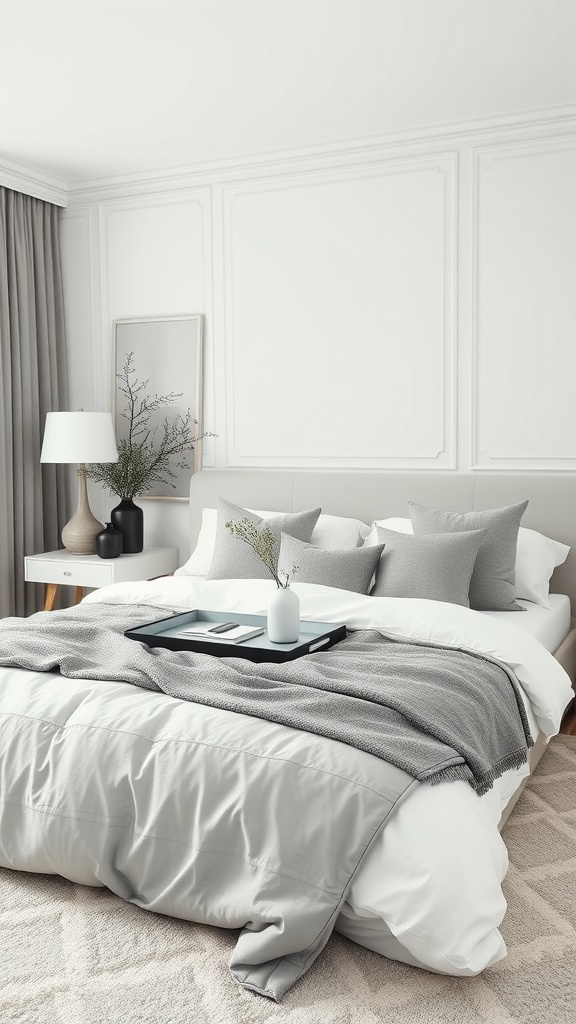 A stylish monochrome bedroom featuring soft gray textiles, a cozy duvet, and decorative pillows.