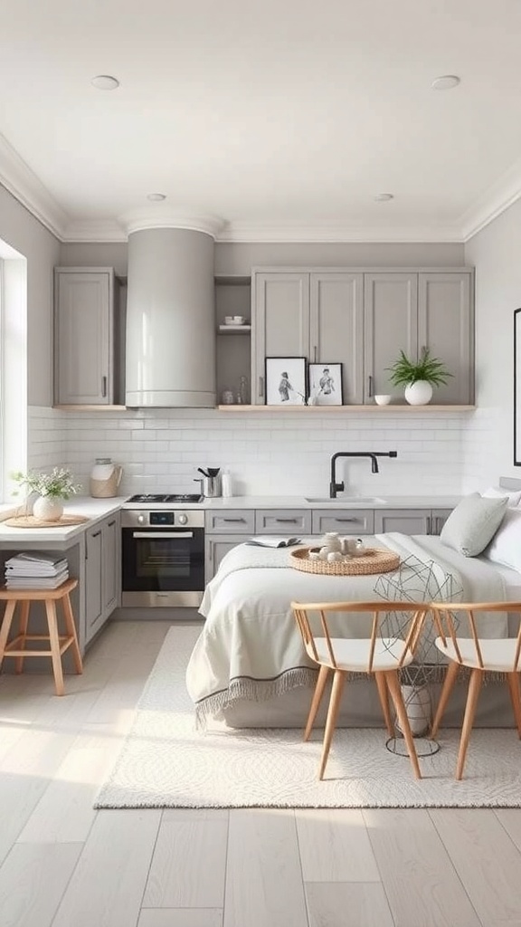 A modern kitchen featuring soft grey cabinets, light wood accents, and a cozy dining area.