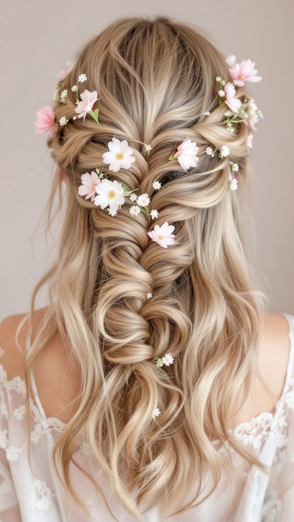 Soft half-up braid hairstyle with flowers for mother of the bride