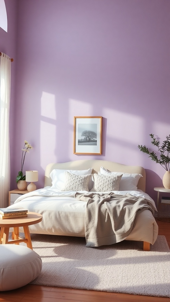A cozy living room with soft lavender walls, a bed with neutral bedding, and natural light coming through the window.