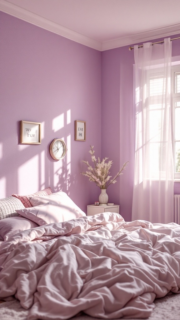 A cozy bedroom with soft lavender walls, a neatly made bed with pink bedding, and natural light shining through sheer curtains.