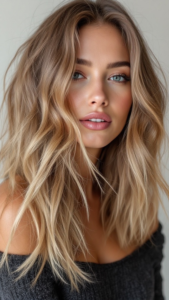 Woman with medium length hair styled in soft layers and a natural texture.