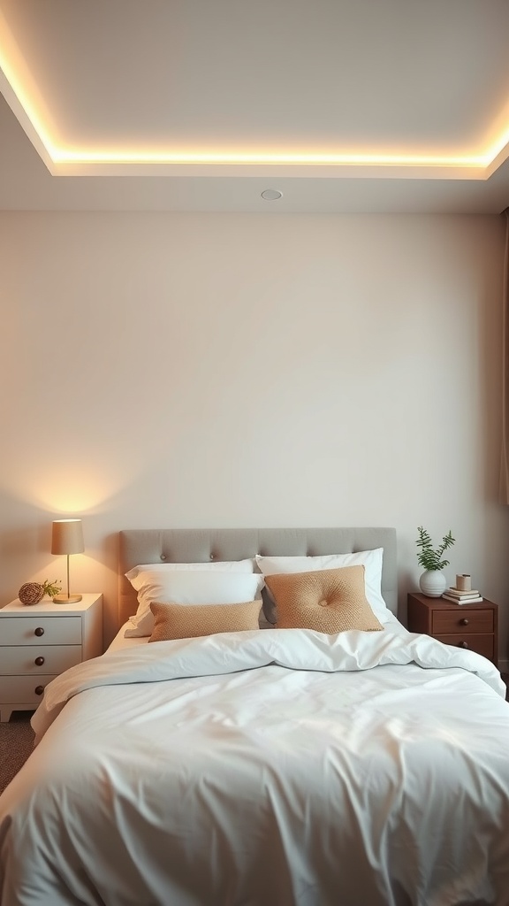 A cozy bedroom with soft LED strip lighting along the ceiling, featuring a neatly made bed and warm bedside lamp.