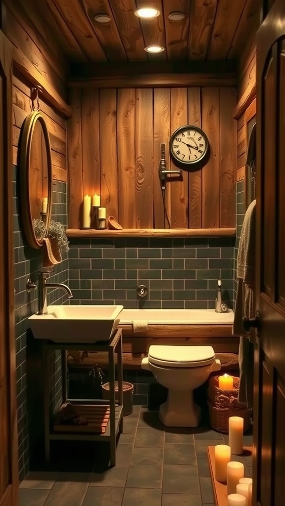 A small rustic bathroom featuring soft lighting and candles.