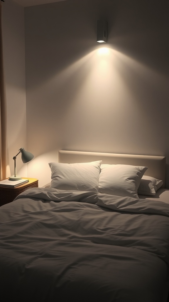 A neutral bedroom with soft lighting from a bedside lamp and wall sconces.
