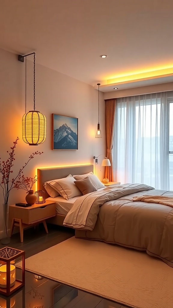A cozy bedroom with soft lighting, featuring warm tones, lantern-style lamps, and sheer curtains.