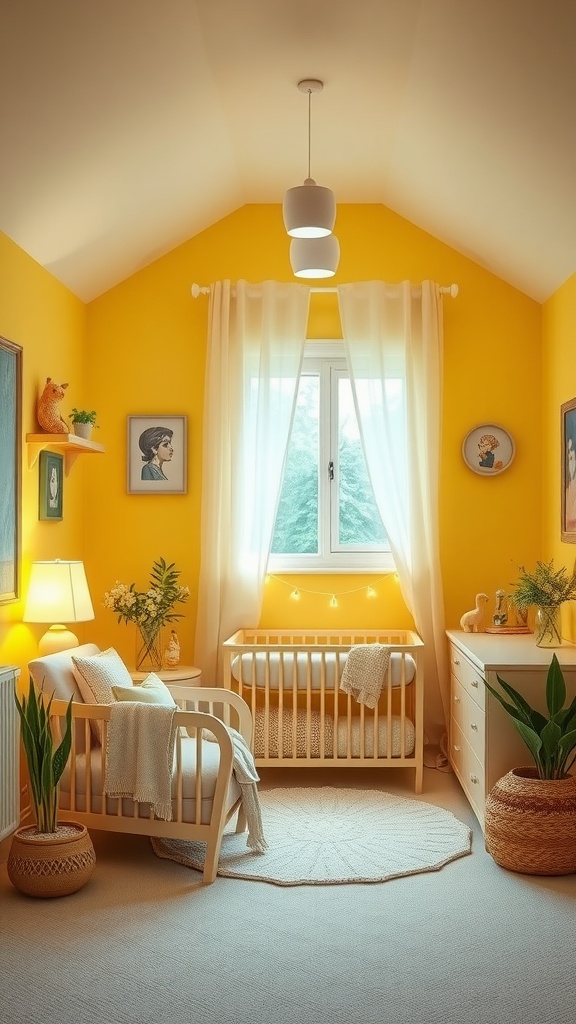 A cozy yellow nursery with soft lighting fixtures, featuring cribs, plants, and decor.