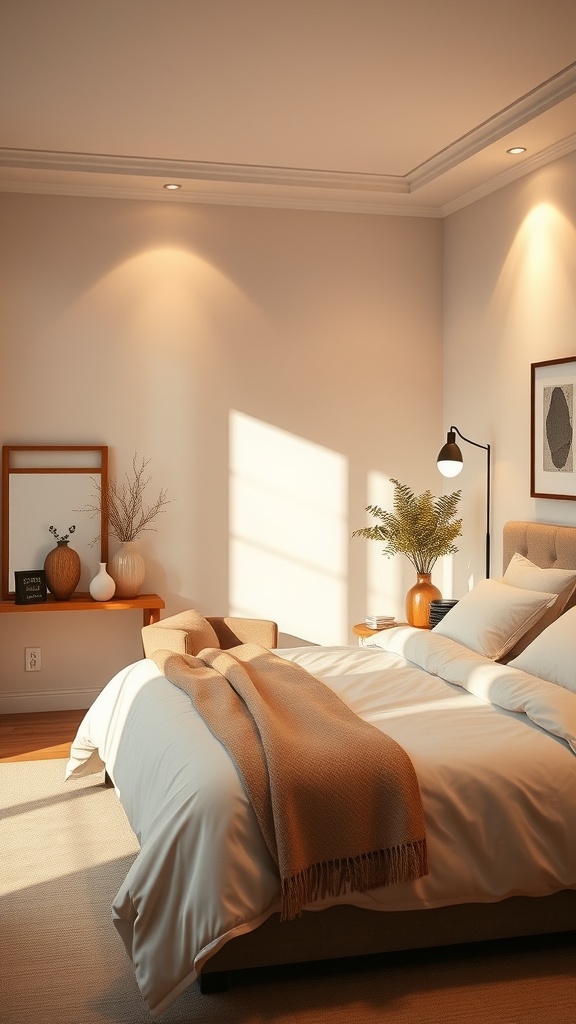 A cozy beige and brown bedroom with soft lighting fixtures, a neatly made bed, and decorative elements.