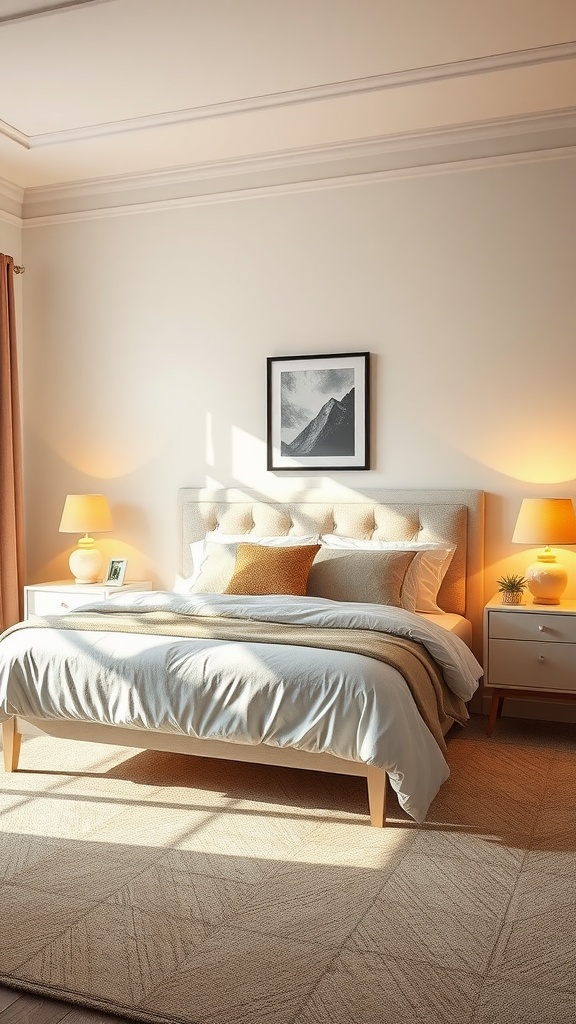 A soft-lit bedroom featuring warm bedside lamps and a cozy bed.