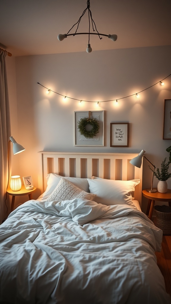A cozy Scandinavian bedroom with soft lighting, featuring a white bed, string lights, and stylish decor.