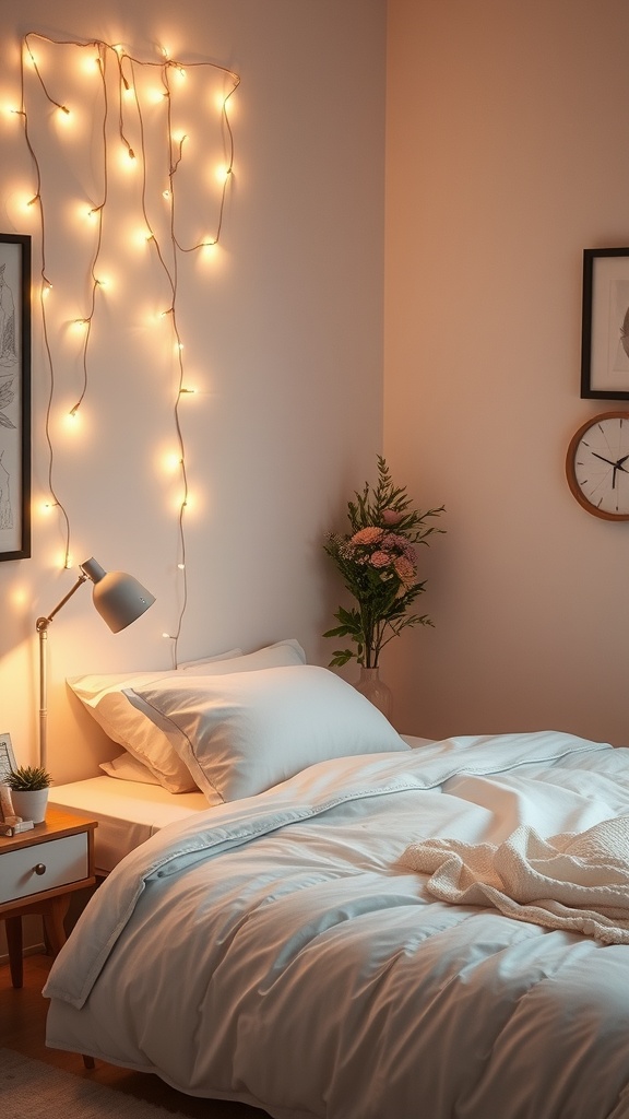 A cozy bedroom with soft lighting, featuring fairy lights on the wall, a bedside lamp, and a plant.