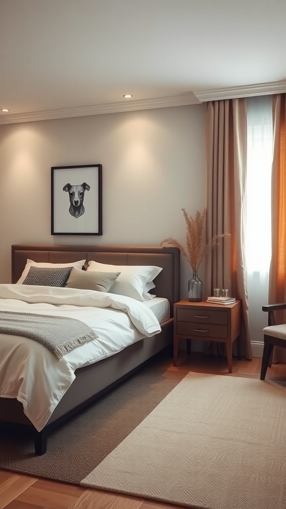 A cozy taupe bedroom featuring soft lighting, a neatly made bed, and warm decor.
