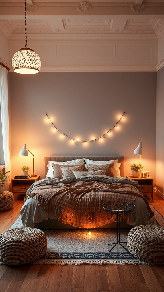 Cozy Scandinavian boho bedroom with warm lighting, plants, and textured decor.