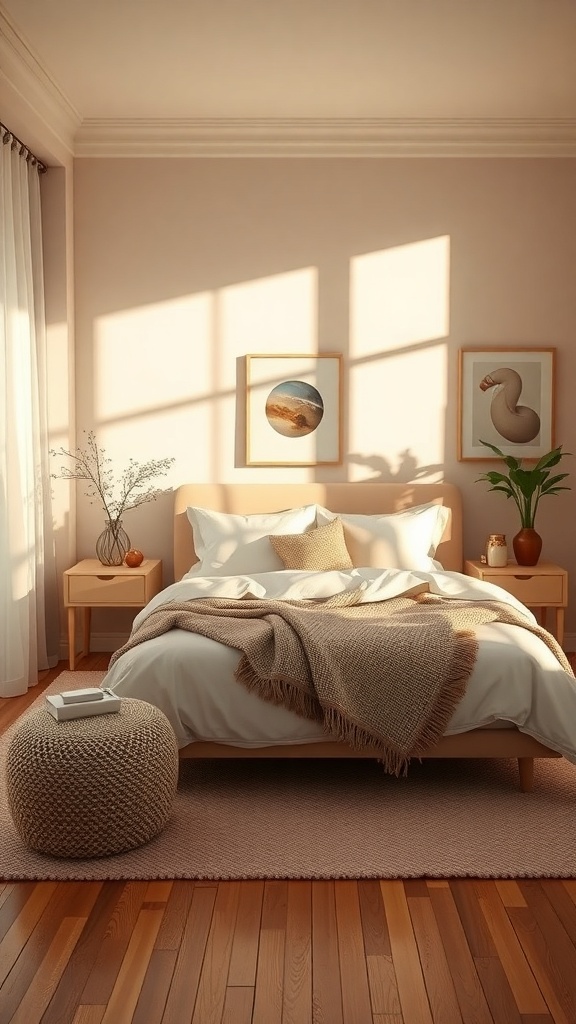 A cozy bedroom with soft lighting, featuring a bed with warm linens, wooden furniture, and a round pouf.