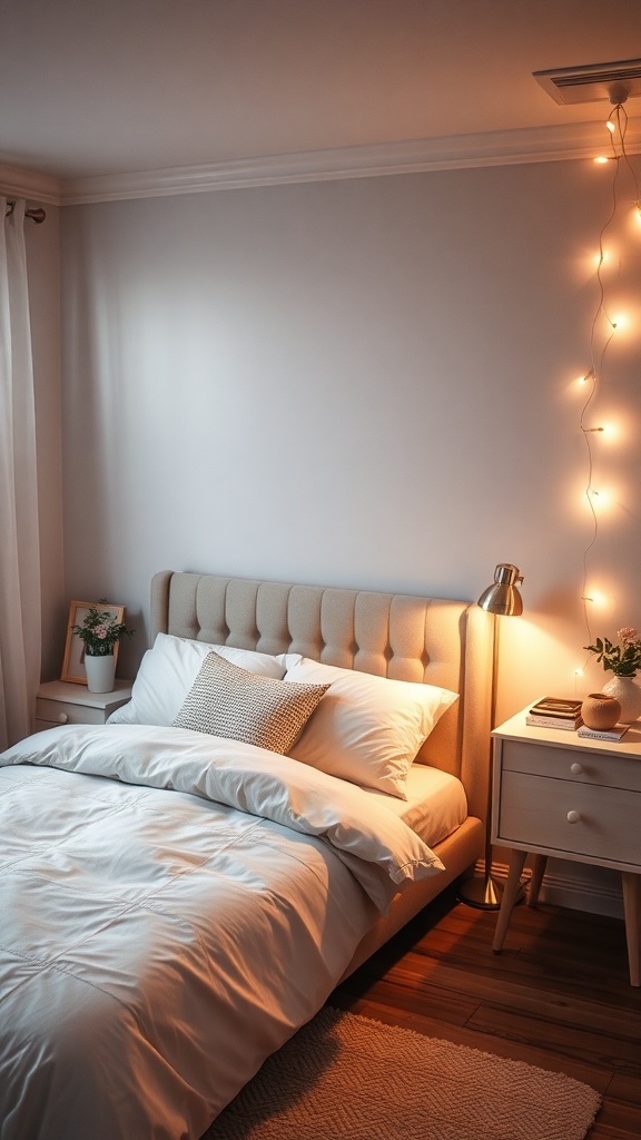 A small bedroom with soft lighting, featuring a cozy bed, string lights, and warm decor.