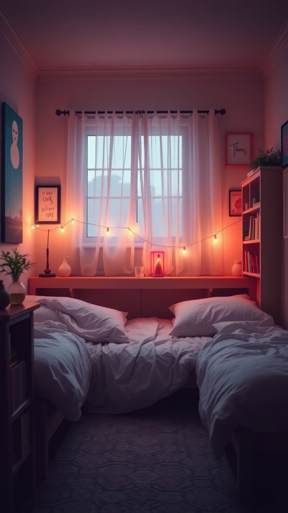 A cozy bedroom for two sisters with soft lighting and white bedding.