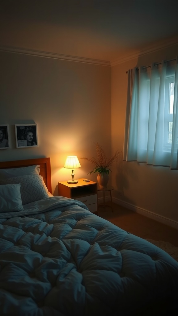 A cozy shared bedroom with soft lighting from a lamp, showcasing a warm ambiance.