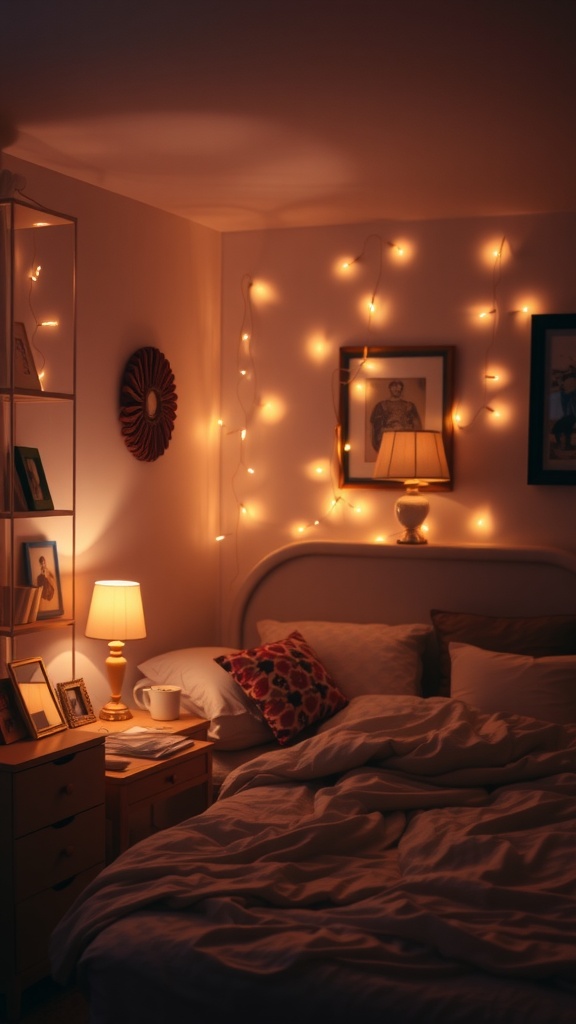 A cozy bedroom with soft lighting from lamps and fairy lights.