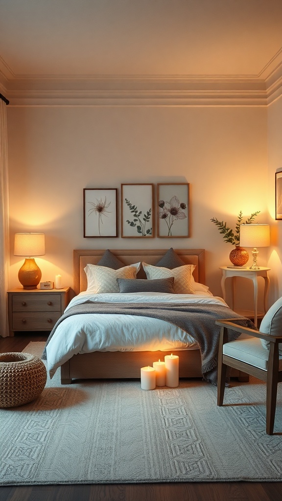 A cozy living room with soft lighting from lamps and candles, creating a warm atmosphere.