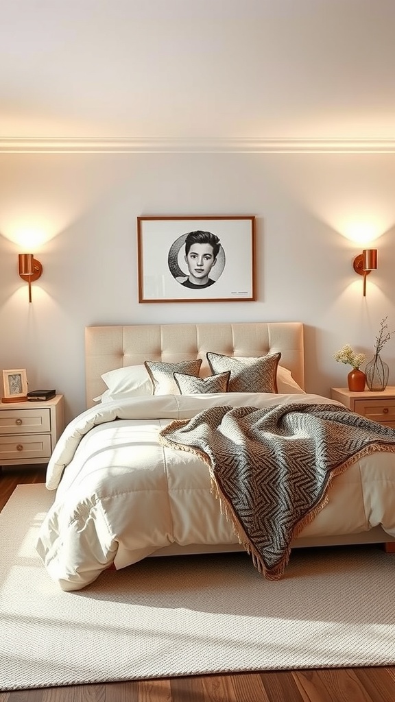 A neutral bedroom with soft lighting, featuring a cozy bed and wall art.