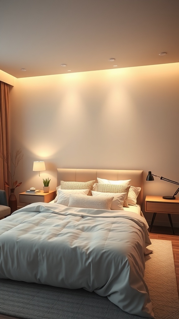 A cozy bedroom with soft lighting, featuring a bed with white bedding, bedside lamps, and warm wall lights.