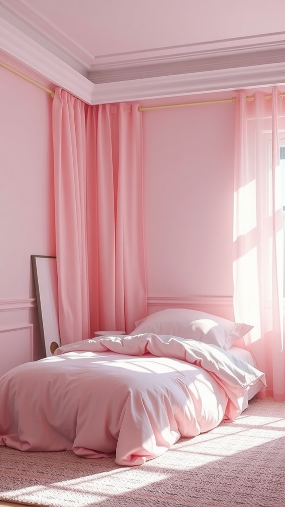 A cozy pink bedroom with soft lighting, featuring pastel pink curtains and bedding