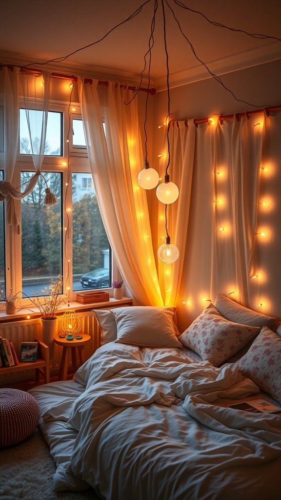 A cozy cottage bedroom with soft lighting from fairy lights and modern light fixtures.