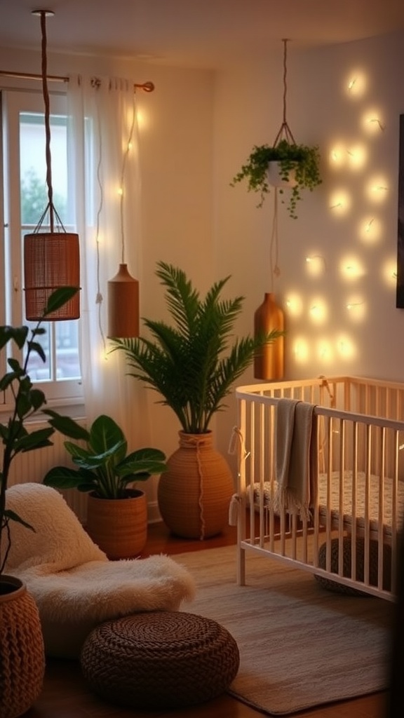 A cozy boho nursery with soft lighting from fairy lights, plants, and woven light fixtures.