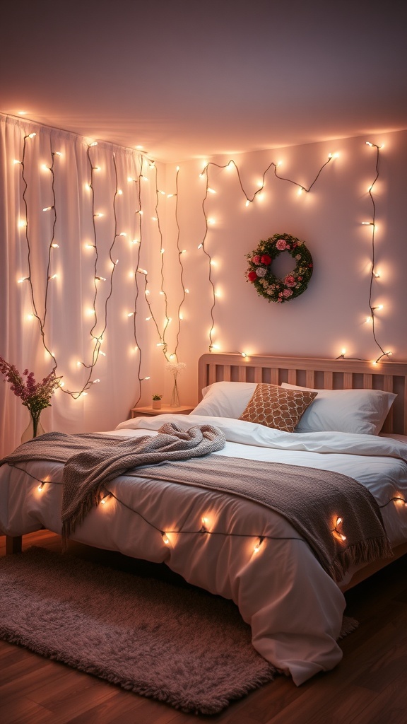 A cozy bedroom with soft lighting from fairy lights, a neatly made bed, and decorative elements.