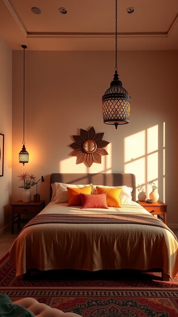 A cozy Moroccan bedroom featuring soft lighting from decorative lanterns and lamps