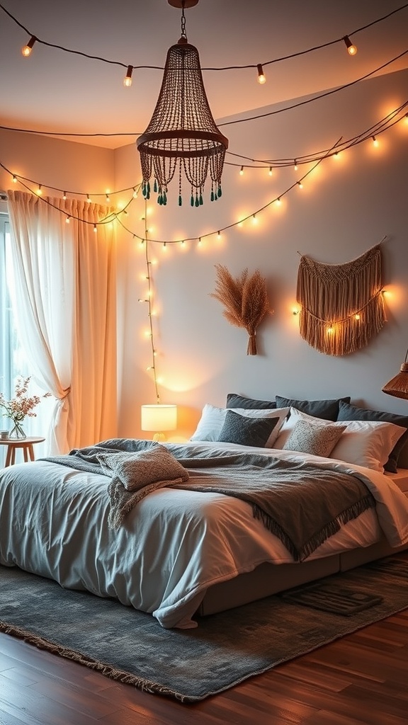 A cozy boho bedroom with soft lighting from string lights and a woven chandelier.