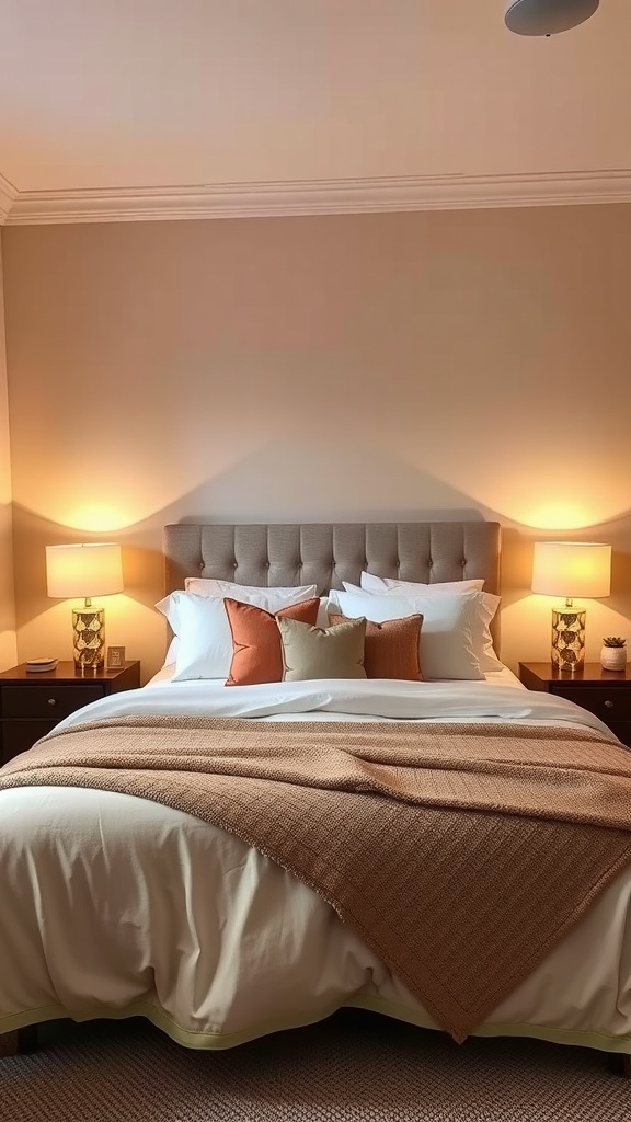 A cozy bedroom with soft lighting from table lamps on either side of the bed.