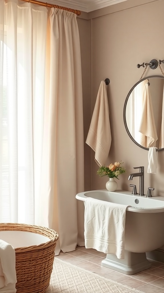 A serene bathroom featuring soft linen curtains, neutral tones, and natural decor.