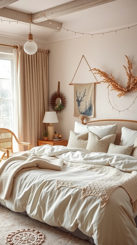 A cozy winter bedroom featuring soft natural textiles, including layered bedding and warm curtains.